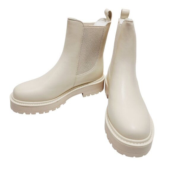 Womens Cream Chelsea Ankle Boots W/ Lug Sole Slip-On Leather Upper Size 9.5 - Picture 11 of 13